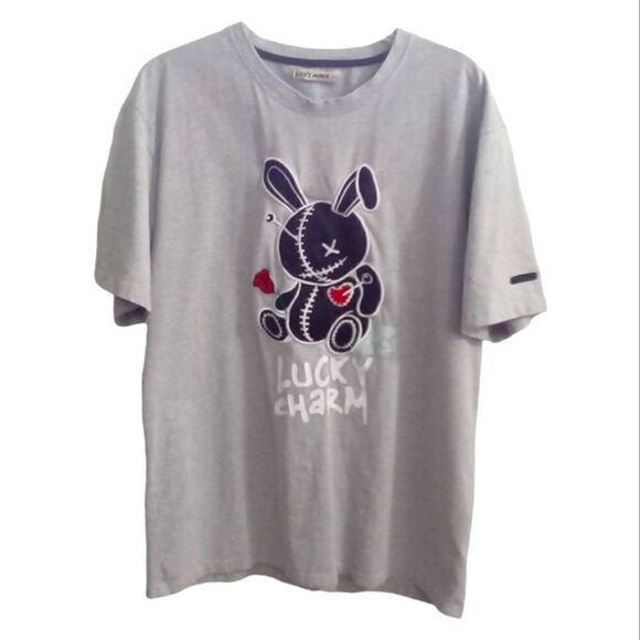 Bkys Lucky Charm Men's Crew Neck Tee Shirt Size 2XL Gray Black Embroidered Bunny - Picture 1 of 7